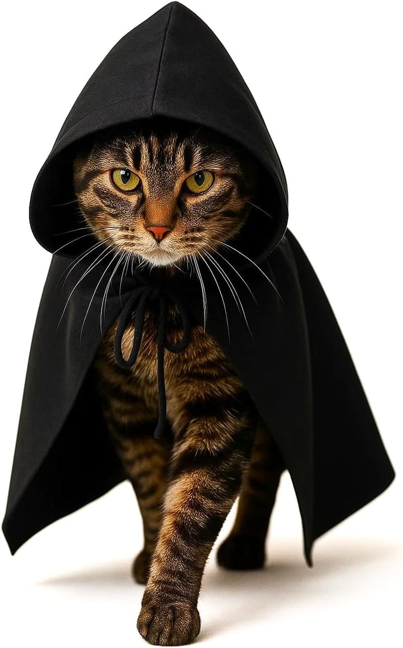 Handmade Black Cat Cloak with Hood for Indoor Cats, Funny Superhero Cosplay Halloween Costume for Pets, Cute Cape for Party Photos and Dress-Up – Big/Middle Size (Black) - Image 1